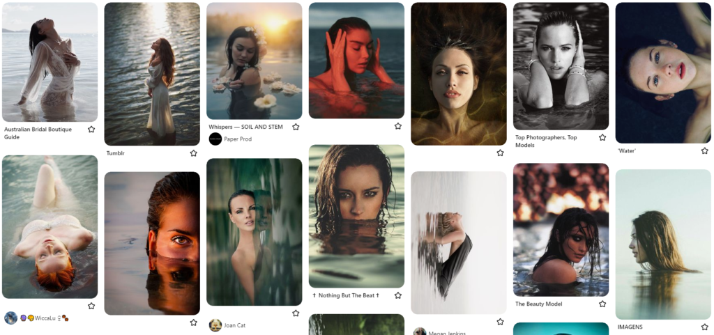 La mood board Pinterest qui a permis de préparer les photos de portrait dans l'eau.