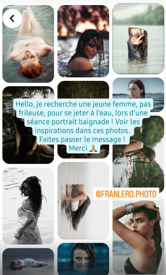 La story Instagram qui a permis de déclencher le projet de photos de portrait dans l'eau.